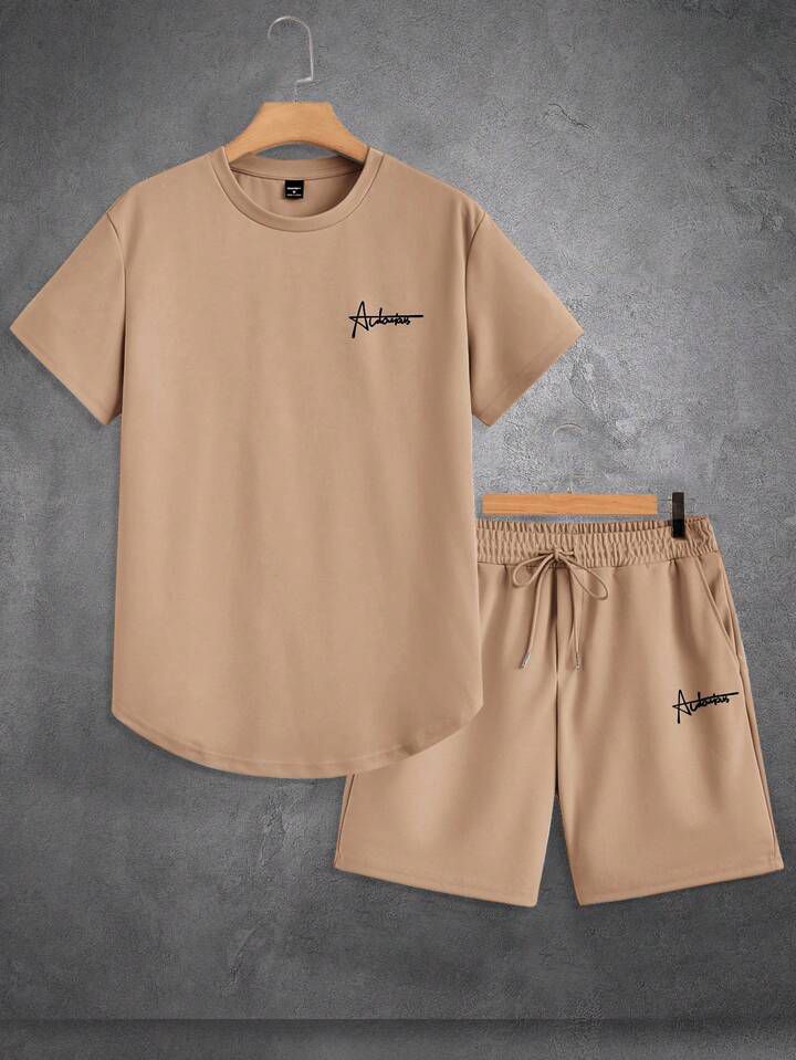 OTTIMOZO 2pcs/Set Men Letter Print Round Neck Short Sleeve T-Shirt And Shorts Casual Loose Fit